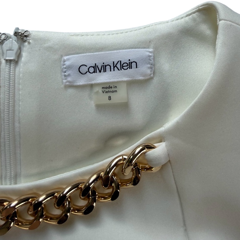 NWT Calvin Klein Cream Sleeveless Sheath Dress Gold Chain Office Bride Evening 8 - Picture 9 of 9